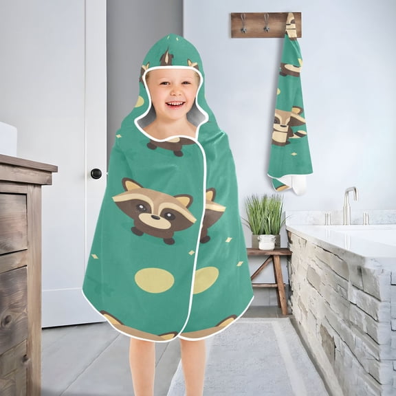 Raccoon Repeat Pattern Kid's Hooded Bath Towel Poncho, Full-Print Polyester, 50"x23.5"