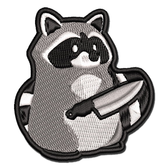 Raccoon Robber with Kitchen Knife Applique Multi-Color Embroidered Iron-On Patch - 3.5 Inch Large