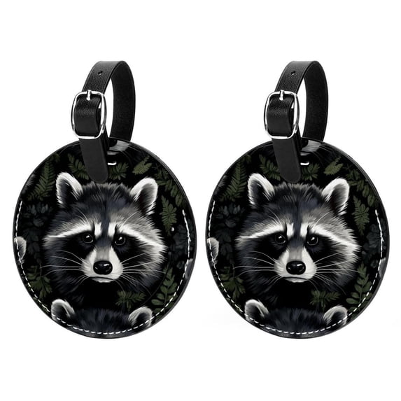 Raccoon Set of 2pcs PU Leather Round Suitcase Tags with Privacy Cover and Name ID Tag - Ideal for Travel Luggage, Handbags, Backpacks, School Bags