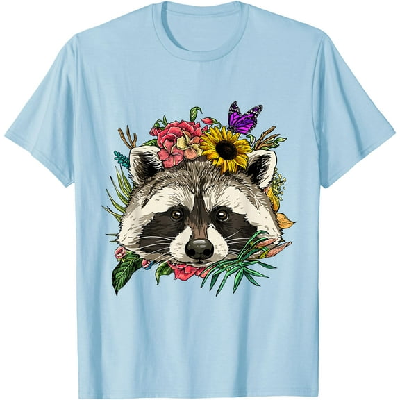 Raccoon Shirt Floral Raccoon Face Trash Panda Raccoon Lover Unisex T-Shirt for Men Women Kids Toddler,Light Blue Color,Size 2T