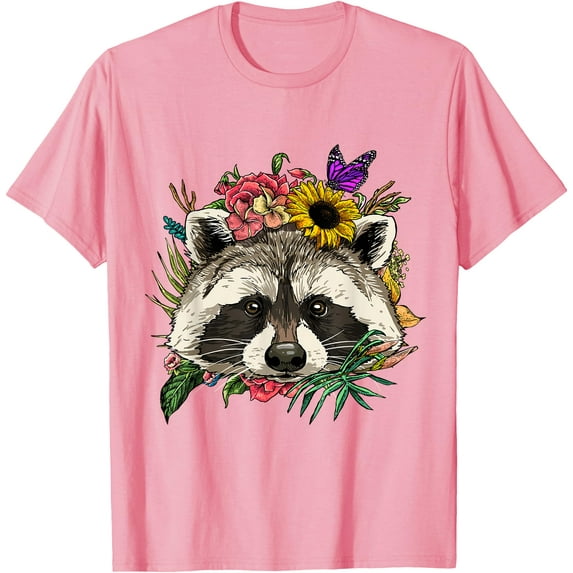 Raccoon Shirt Floral Raccoon Face Trash Panda Raccoon Lover Unisex T-Shirt for Men Women Kids Toddler,Light Pink Color,Size 2XL