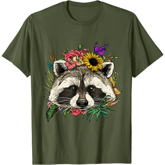 Raccoon Shirt Floral Raccoon Face Trash Panda Raccoon Lover Unisex T-Shirt for Men Women Kids Toddler,Military Green Color,Size YM