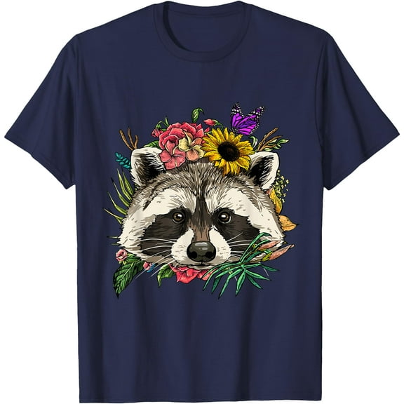 Raccoon Shirt Floral Raccoon Face Trash Panda Raccoon Lover Unisex T-Shirt for Men Women Kids Toddler,Navy Color,Size YXS