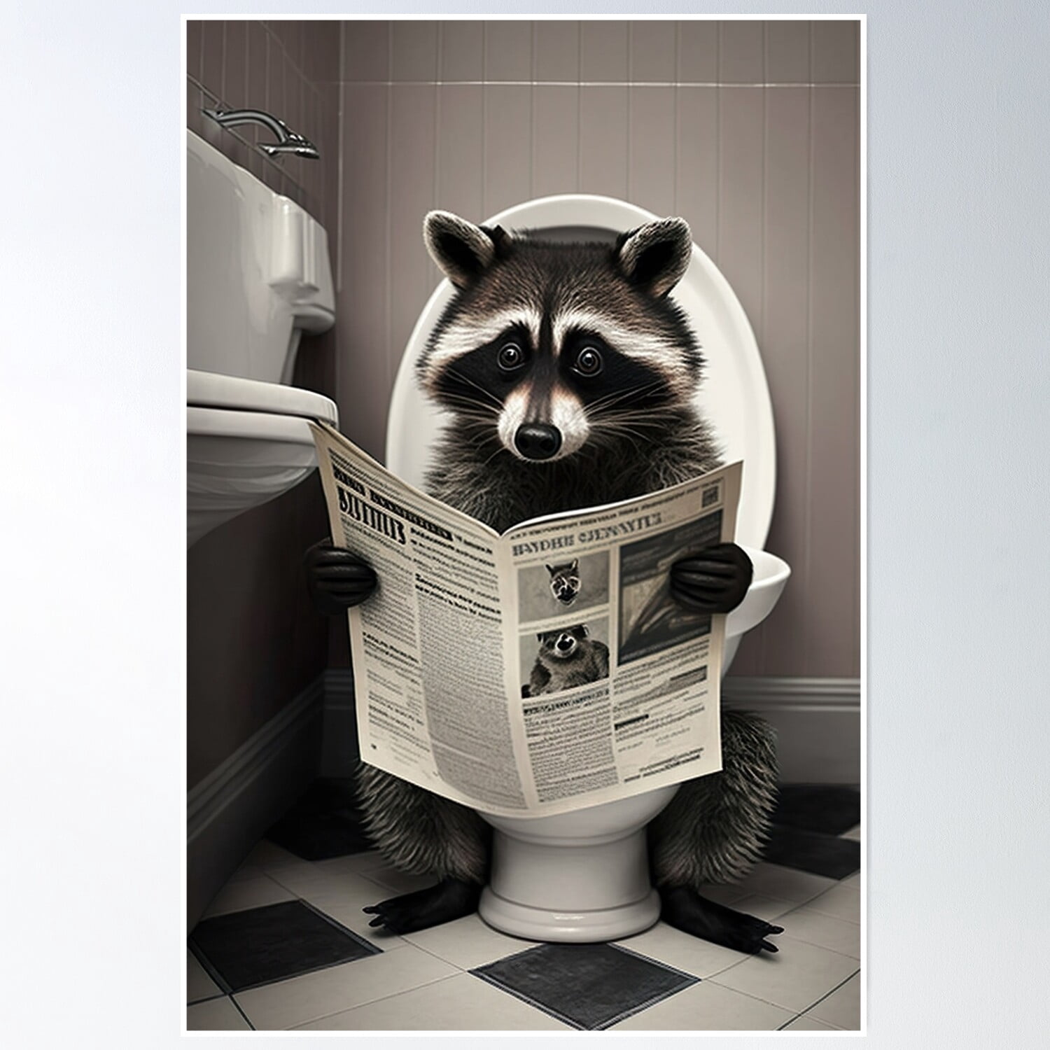 Raccoon Sitting On The Toilet Reading A Newspaper Poster Wall Art ...