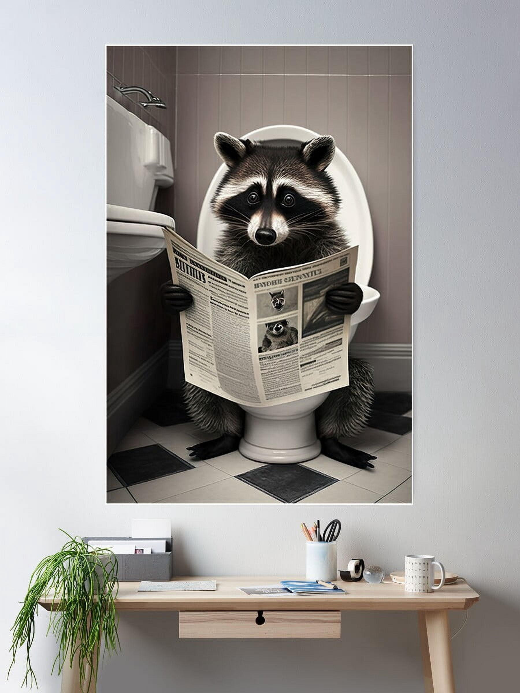 Raccoon Sitting On The Toilet Reading A Newspaper Poster Wall Art ...
