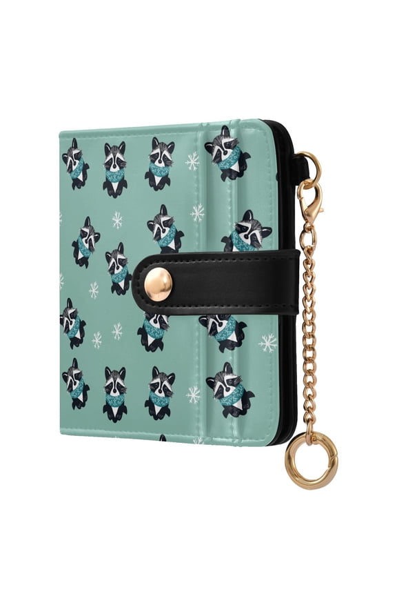Raccoon Snowflake Small Wallet for Women RFID Blocking Bifold PU Leather Credit Card Holder with Zipper Coin Pocket Compact Cute Travel Purse Magnetic Snap 7 Card Slots