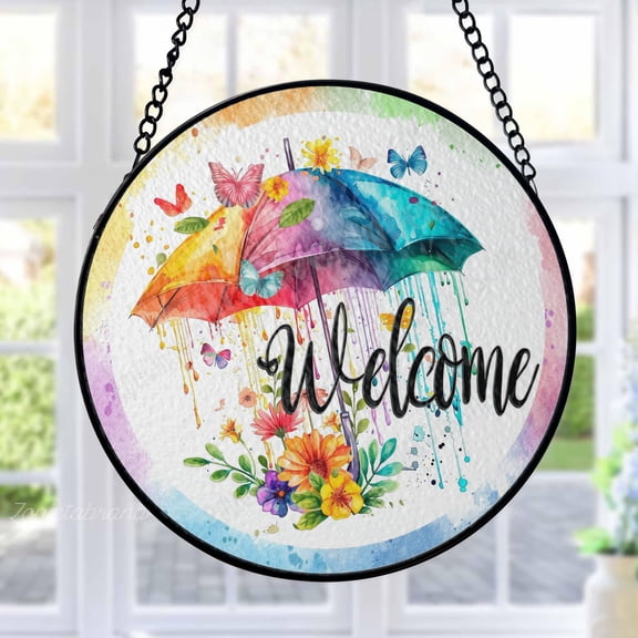 Umbrella Stained Glass Suncatcher Metal Outdoor Decor Watercolor Rainbow Vibrant Multicolor