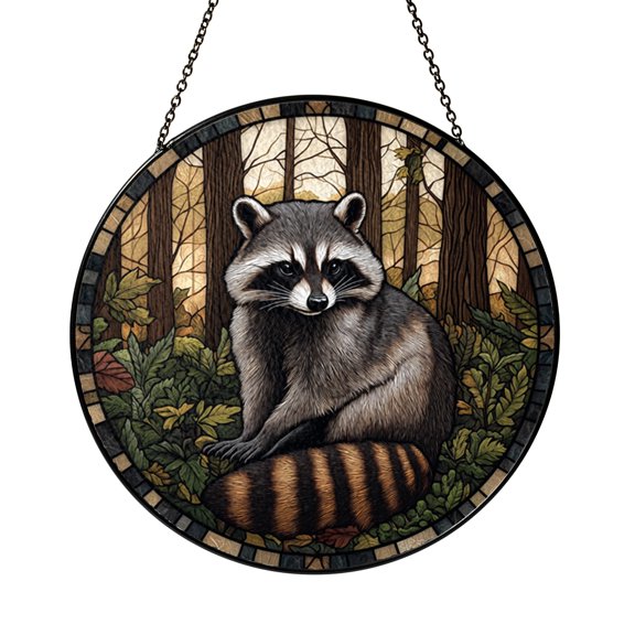 Raccoon Stained Glass Suncatcher Window Hanging, Woodland Animal Decor Accent, Rustic Nature Home Gift Idea