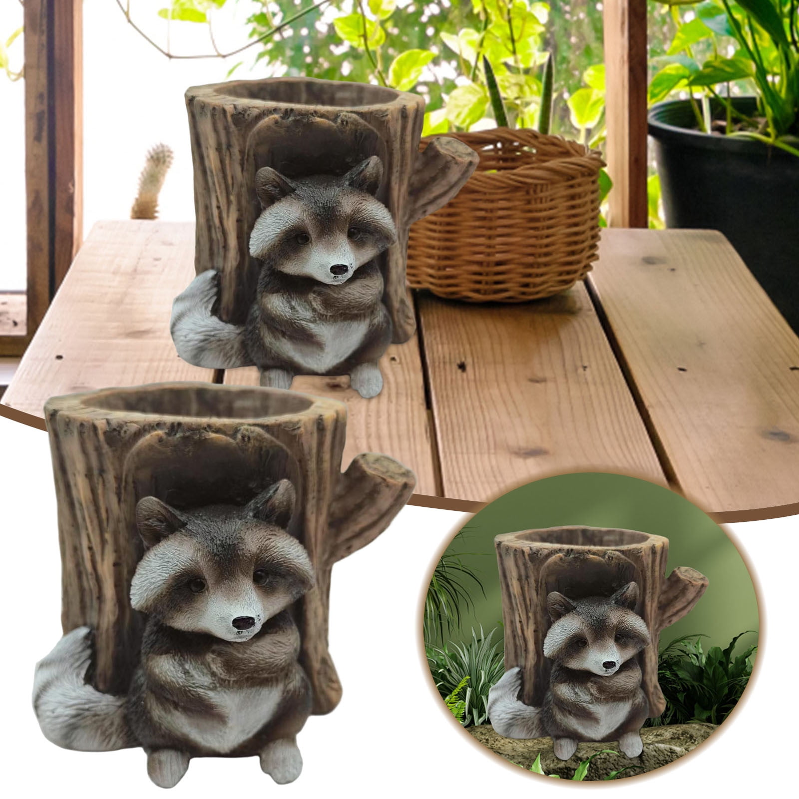 Raccoon Stump Flower Pot Ornament - Whimsical Indoor Outdoor Garden ...