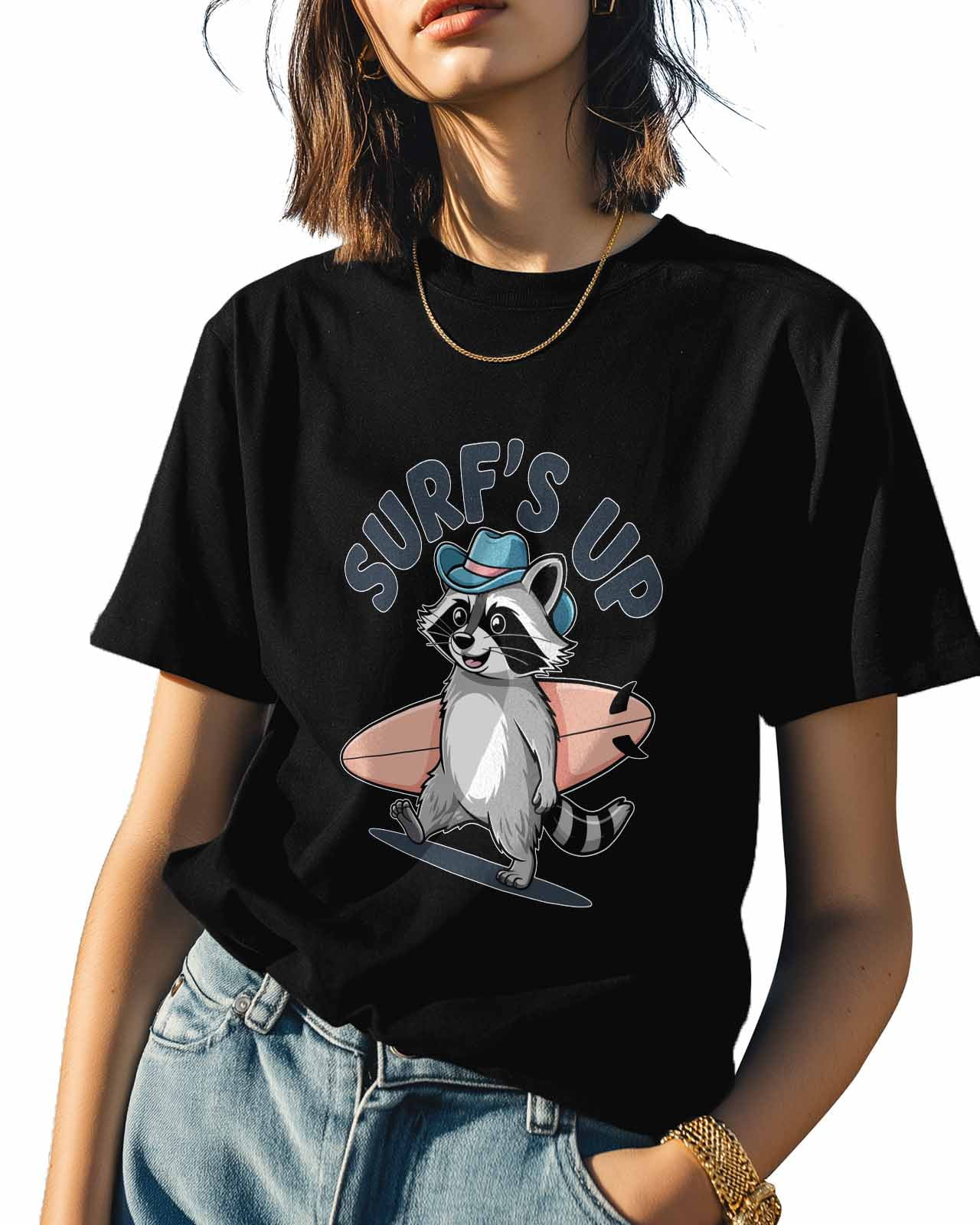 Raccoon Surf Vacation Womens Tshirt Graphic Tees Cotton Crew Neck T-Shirts, Casual Short Sleeve Shirts for Women Teen Girl Funny Animal