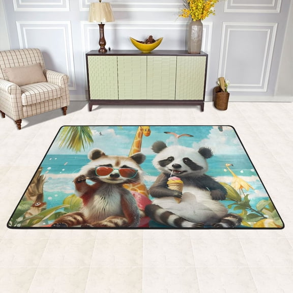 Raccoon Surfer Panda Giraffa Area Rug Washable 72 x 48 Floor Carpet Mat Non Slip for Bedroom Living Room Kids Room Home Decor