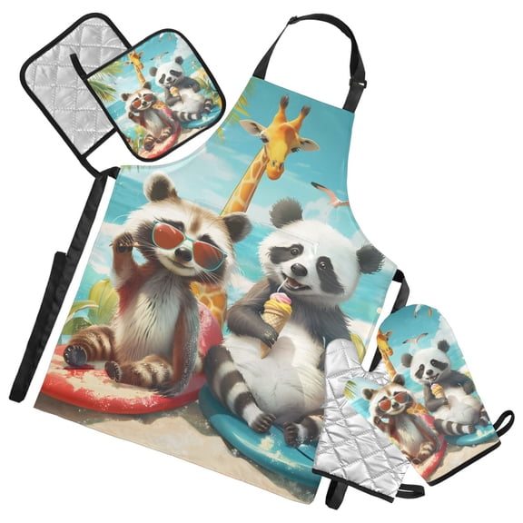 Raccoon Surfer and Sloth Panda 5 Pcs Kitchen Set Heat Resistant Oven Mitts and Non-Slip Pot Holders with Adjustable Cooking Apron