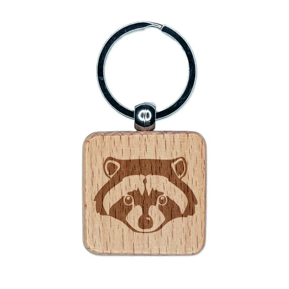Raccoon Trash Panda Head Square Keychain Charm Tag - Engraved Wood