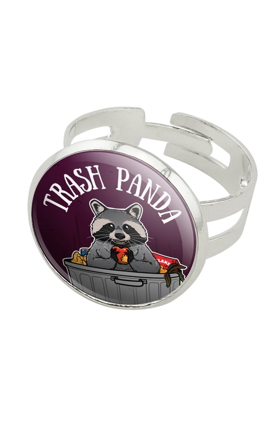 Raccoon Trash Panda in Garbage Silver Plated Adjustable Novelty Ring