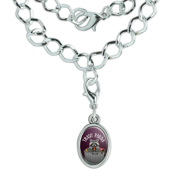 Raccoon Trash Panda in Garbage Silver Plated Bracelet with Antiqued Oval Charm