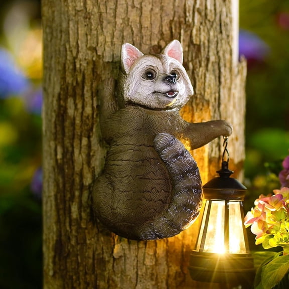 Raccoon Tree Hungger with Solar Lantern - 7.4 Inch Raccoon Outdoor Statue for Garden Yard Decor Outside,Best Garden Gifts for Mom,Women