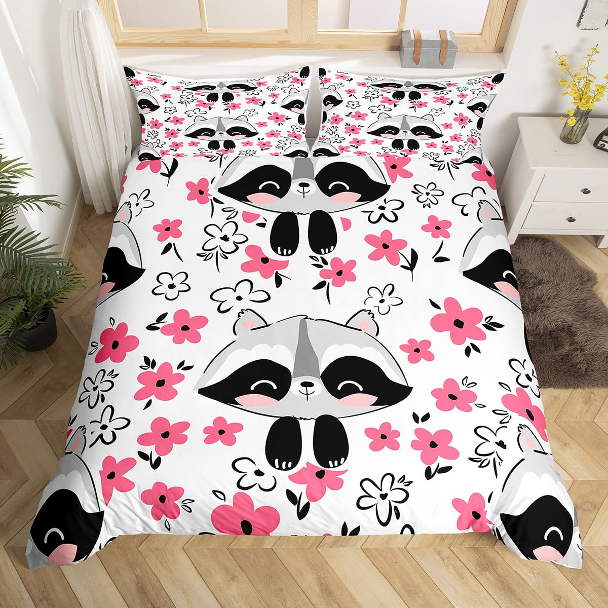 Raccoon Twin Bedding Set for Boys Kids Child,Pink Floral Comforter