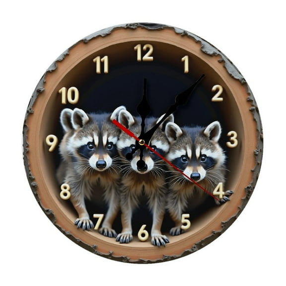 Raccoon Wall Clock 10 Inch Silent Non Ticking Round Wooden Clock Decoration for Living Room Kitchen Bedroom Bathroom Office Classroom