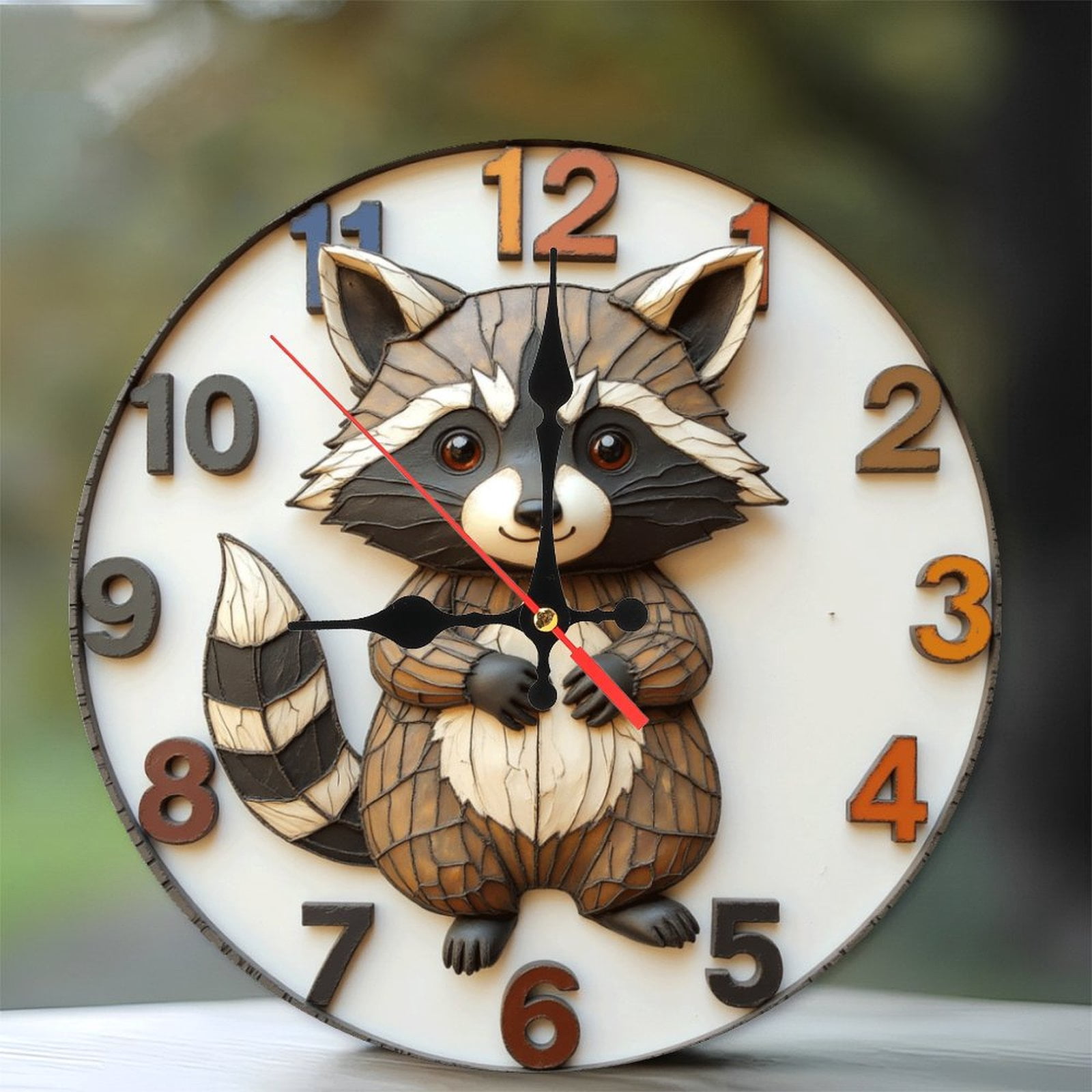 Raccoon Wall Clock Cute Decor Home Unique Style 10-Inch Silent Wooden ...