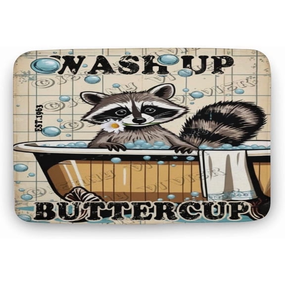 Raccoon Wash Up Buttercup Bath Mat,Cute Cartoon Raccoon Bathroom Rugs No Slip,Washable Cover Floor Rug Carpets Floor Mat 16x24 Inches for Kitchen, Bathtub, Shower and Bath Room