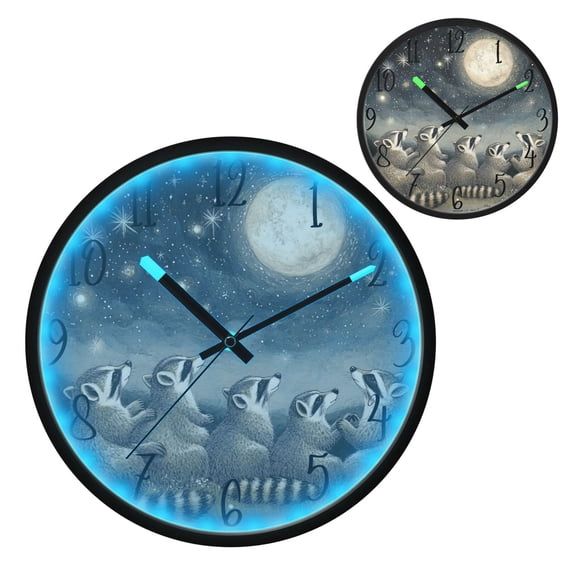 Raccoon Watching The Moon Luminous Wall Clock with Sound-Activated LED 12-Inch Silent Acrylic Timepiece for Bedroom Livingroom or Office