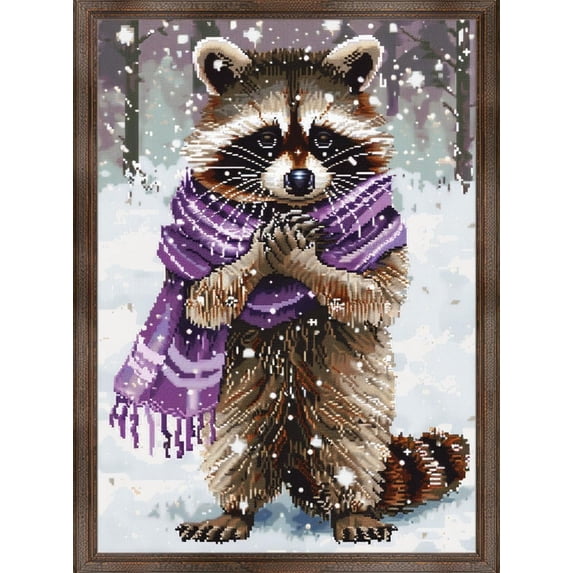 Raccoon Wear Scarf in Snow DIY 11CT Stamped Cross Stitch Kits for Beginners Easy Needlepoint Embroidery Counted Cross Stitch Art Craft for Wall Decoration 12x16inch(3)