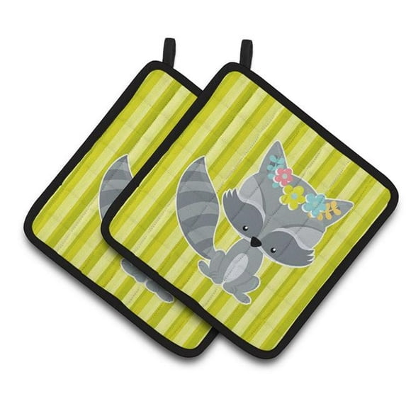 Raccoon With Flowers Pair of Pot Holders