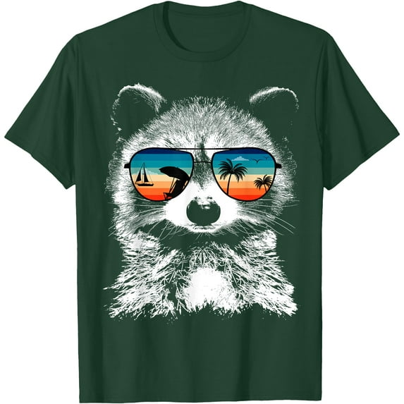 Raccoon With Glasses Sunglasses Retro Style Beach Vacation Unisex T-Shirt for Men Women Kids Toddler,Forest Green Color,Size 5XL