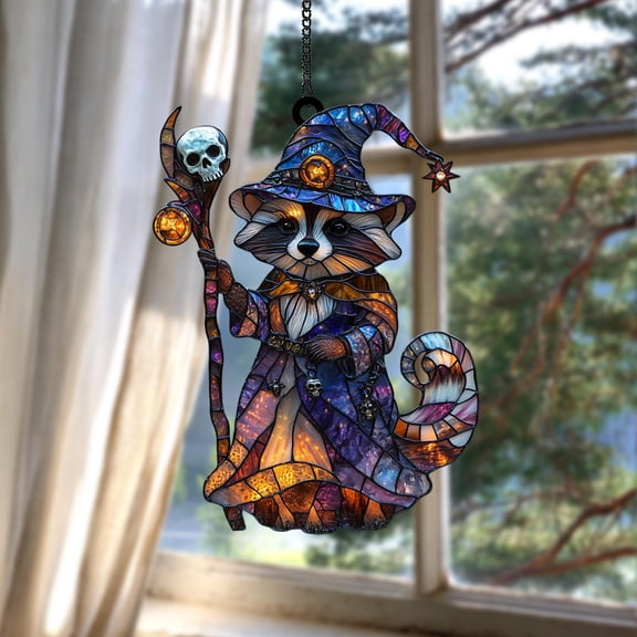 Raccoon Wizard Acrylic Suncatcher Faux Stained Glass Halloween Window Hanging With Witch Hat, Magic Staff, Autumn Enchantment Decor
