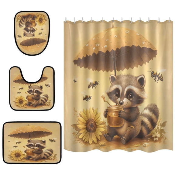 Raccoon and Bee Bathroom Accessory Curtain Sets Bath Curtain Anti-Slip Mats and Toilet Pad 66x72in