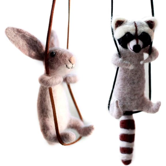 Raccoon and Rabbit Needle Felting Kits 4" Playing on Rope 2 Pack - Needles, Finger Guards, Black High-Density Foam Mat, Instructions
