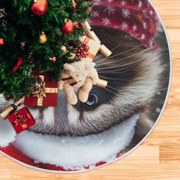 Raccoon with Christmas Hat Scarf Christmas Tree Skirt Opening Design Floor Mat Holiday Decor 47 inch