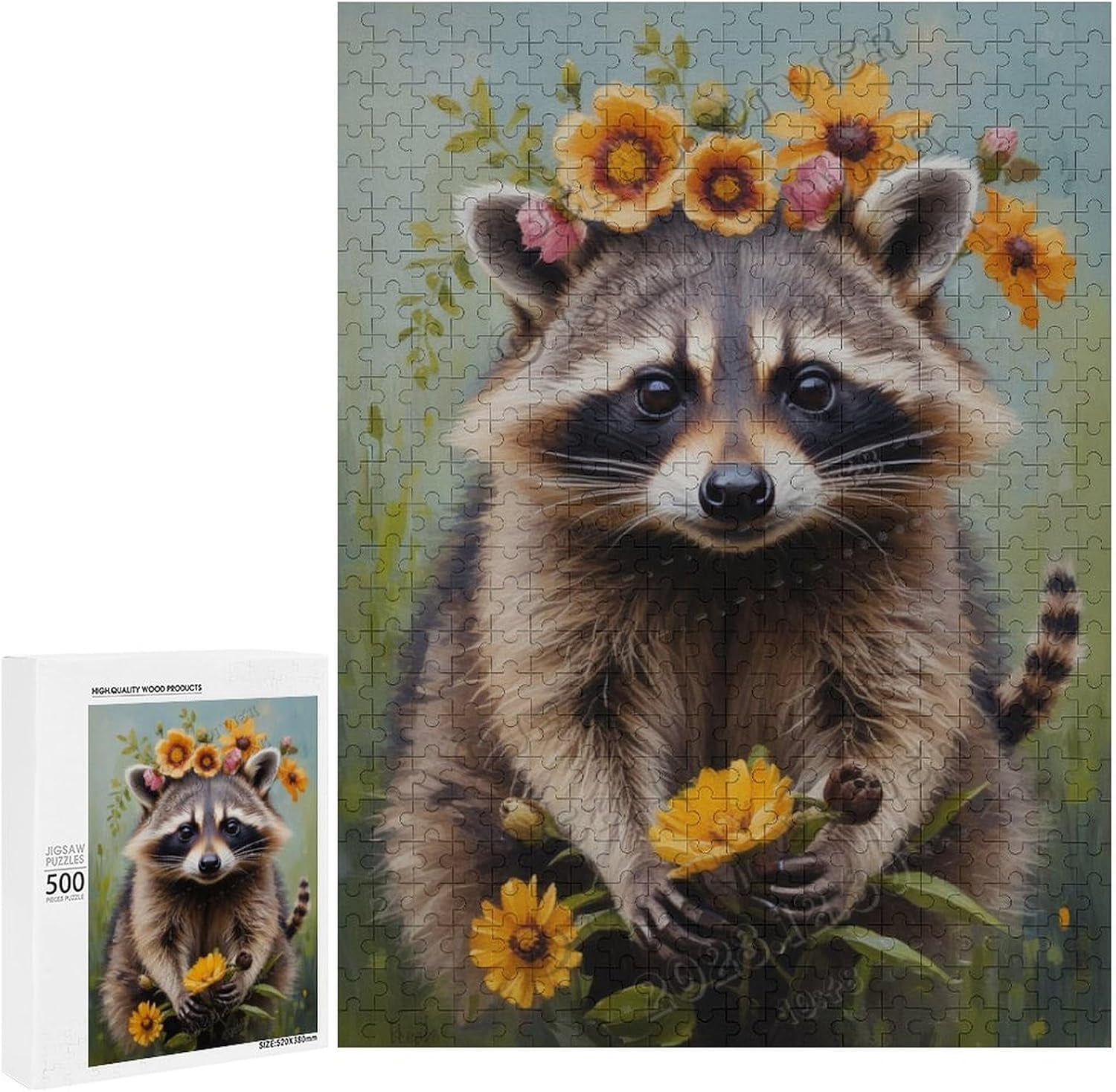 Raccoon with Flower Oil Painting 500-Piece Jigsaw Puzzle for Adults ...