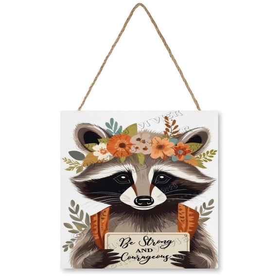 Raccoon with Inspiring Positive Quotes Decorative Wood Hanging Wood Plaque, Rustic Door Sign, Wall Decor Art, Housewarming Gift 12x12 inches
