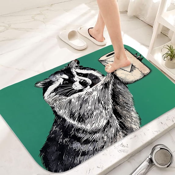 Raccoon with Toilet Paper Flannel Bath Mat 16x24 Inches, Soft Absorbent Non-Slip Bathroom Rug, Machine Washable Floor Mat for Shower
