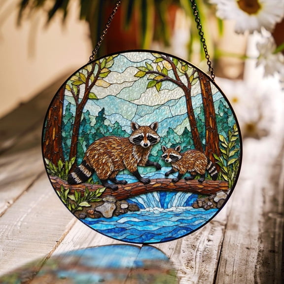Raccoons Crossing Stream Glass Suncatcher, Wildlife Window Hanging, 6.3 in