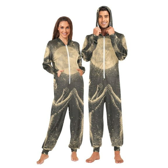 Raccoons Moon Stars Adult Onesie Pajamas Slim Fit Christmas One Piece Suit Pjs for Women and Men Hooded Zipper