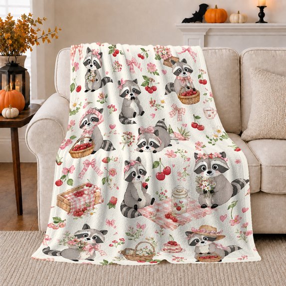 Raccoons with Picnic Baskets and Flowers, Whimsical Storybook Style for Animal Lovers, Berry Tablecloth Scene and Birthday Gift, Cozy Flannel Blanket for Bedroom and Living Room, Home Decor