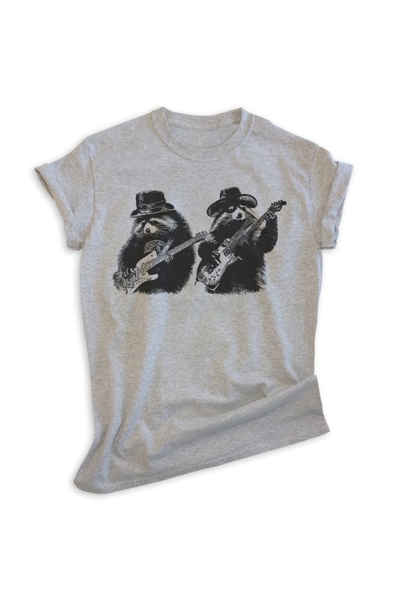 Raccoons Playing Guitar Tshirt, Unisex Women's Men's Funny Animal Raccoon Blues Guitar Rock And Roll, Heather Gray, Medium