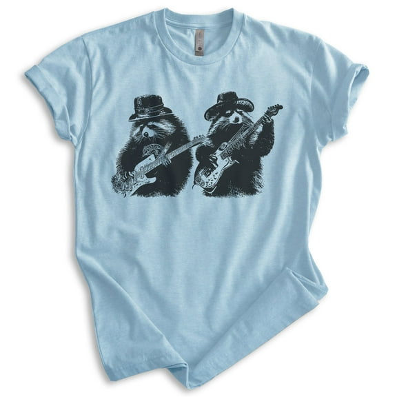 Raccoons Playing Guitar Tshirt, Unisex Women's Men's Funny Animal Raccoon Blues Guitar Rock And Roll, Heather Light Blue, X-Small