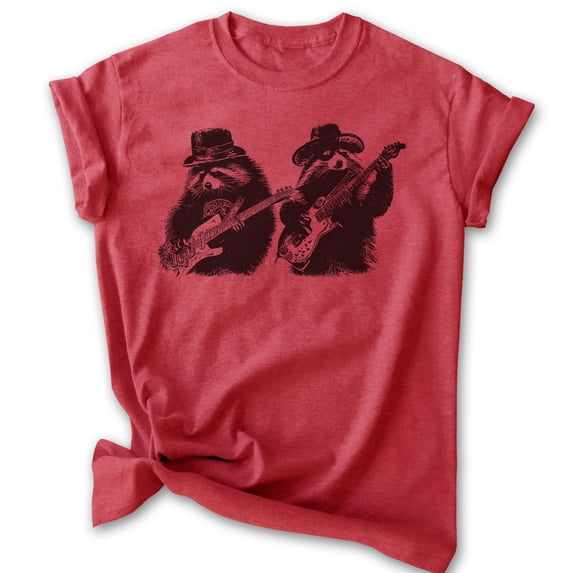 Raccoons Playing Guitar Tshirt, Unisex Women's Men's Funny Animal Raccoon Blues Guitar Rock And Roll, Heather Red, Large