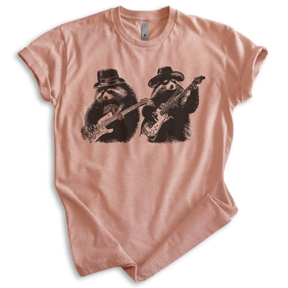 Raccoons Playing Guitar Tshirt, Unisex Women's Men's Funny Animal Raccoon Blues Guitar Rock And Roll, Heather Sunset, X-Large