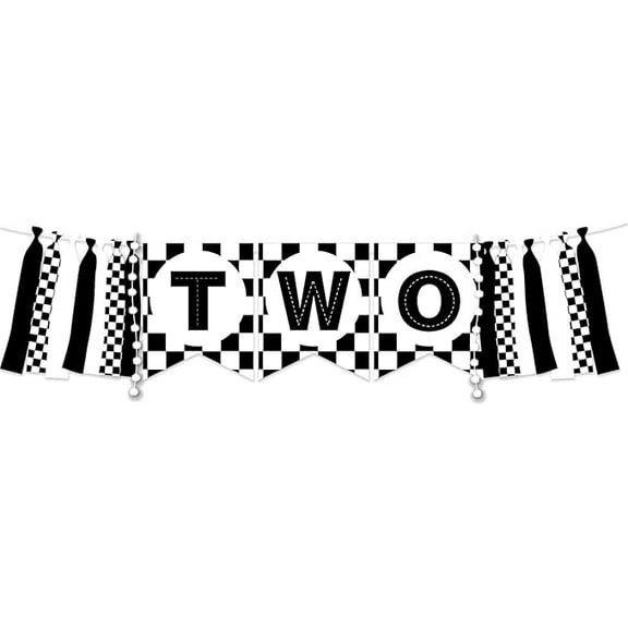 Race Car 2nd Birthday Party Decorations - Two Fast Birthday High Chair Banner, Black and White Checkered Birthday Decorations, Let's Go Racing Checkered High Chair Banner