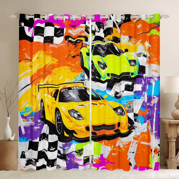 Race Car 30%-50% Blackout Curtains (38Wx54L),Cool Speed Sports Car Curtains & Drapes Teens,Racing Car Window Curtains Car Theme Black White Check Window Treatments 2 Panels