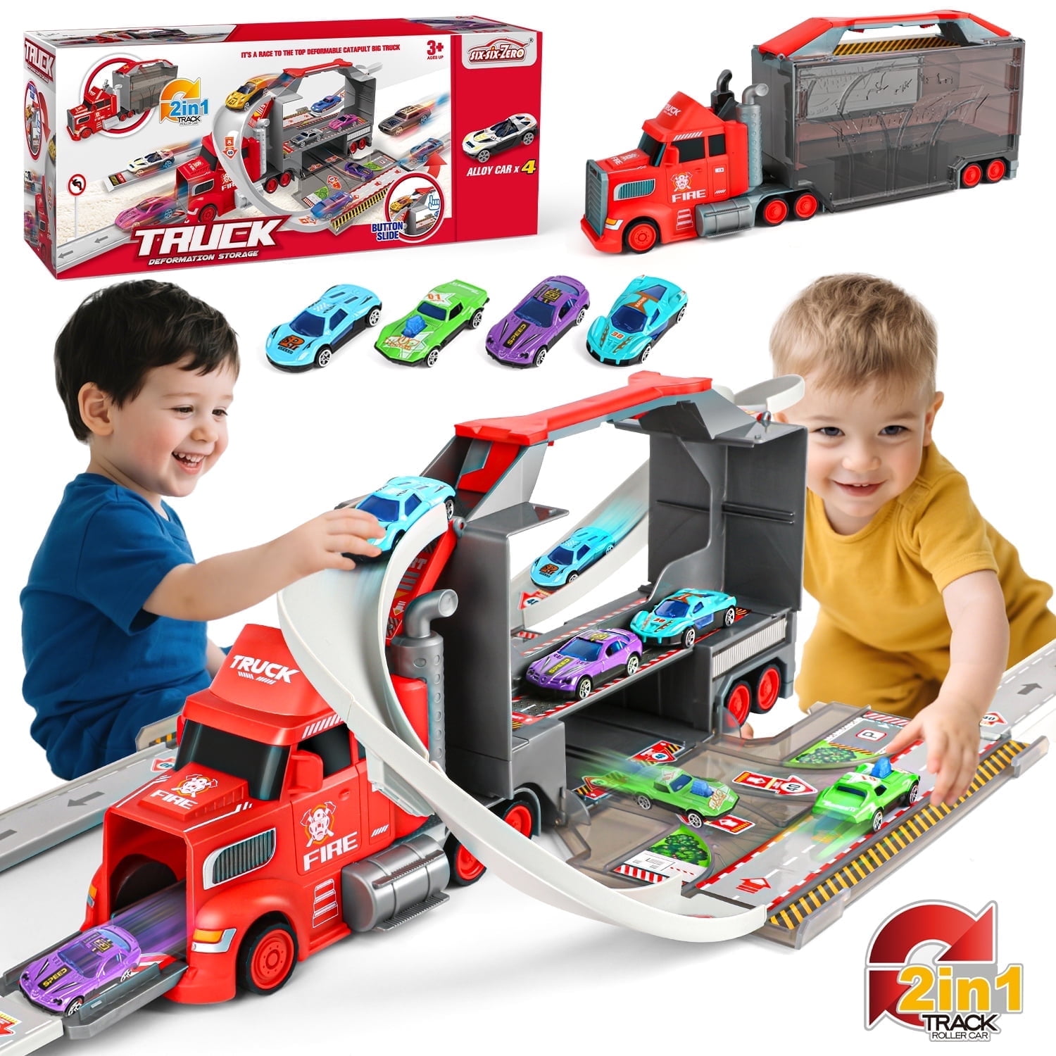 Hot Bee 2-in-1 Carrier Truck Race Track Playset, 37" Extra-Long Track w/ Parking Lot, 17" Transporter Carrier 4 Metal Mini Cars, Educational Gift Racing Toy for Boys & Girls Ages 3-8