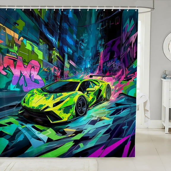 Race Car 72"Wx78"L Shower Curtain Blue Green Racing Car Bathroom Curtain,Speed Sports Cars Bath Curtain City Building Graffiti Curtain Sets