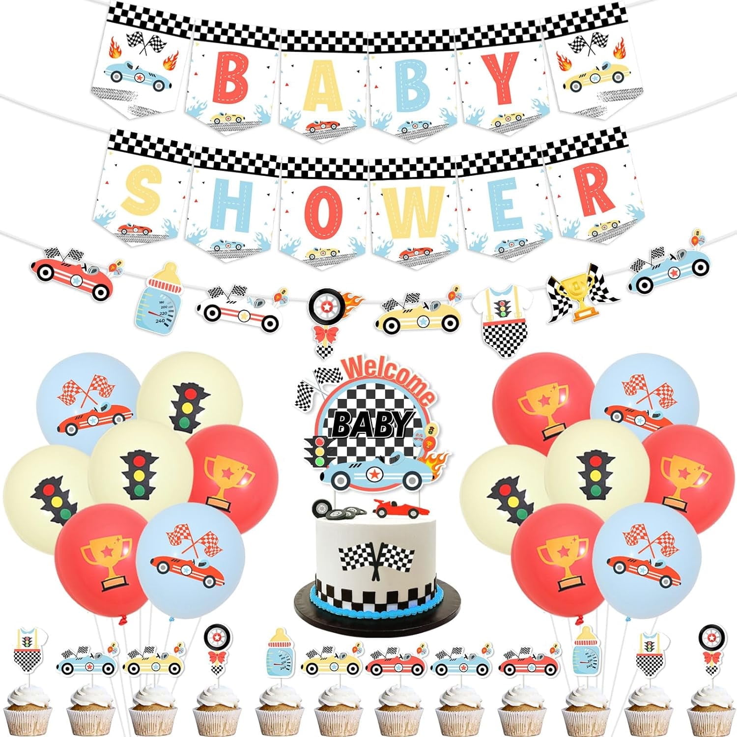 Race Car Baby Shower Decorations with Vintage Race Car Baby Shower Banner and Garland Race Car Welcome Baby Cake Cupcake Toppers for Lets Go Racing Party Supplies