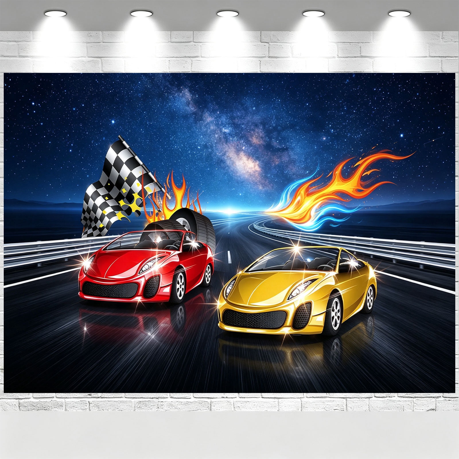 Race Car Backdrop Starry Sky Checkered Flag Racing Banner Red Yellow ...