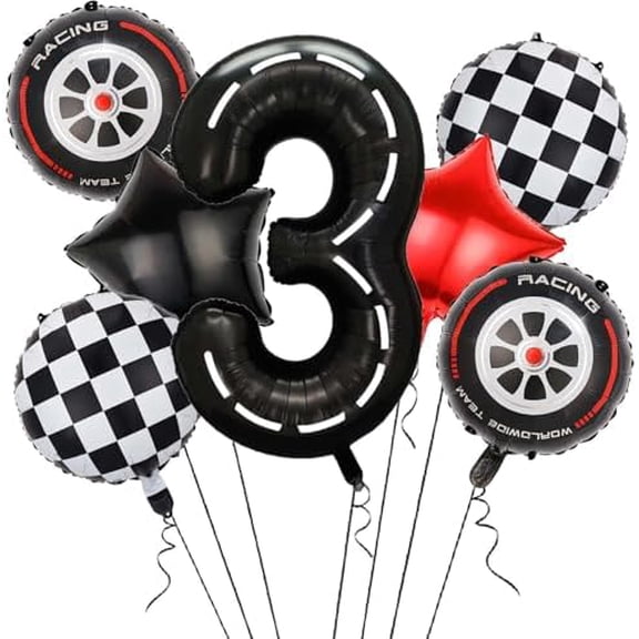 Race Car Balloons,40 Inch Racetrack Number 3 Balloon,Big Number Balloons Black for 0st Birthday Race Car Theme Party Decor Supplies 7 Pcs