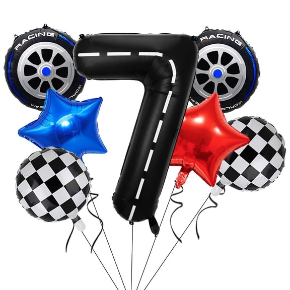Race Car Balloons Cars Birthday Decorations KKS1Foil Wheels Balloon, Large 40 Inch Black Number 7 Balloons for 7th Racing Theme Birthday Party Decor 7 Pcs